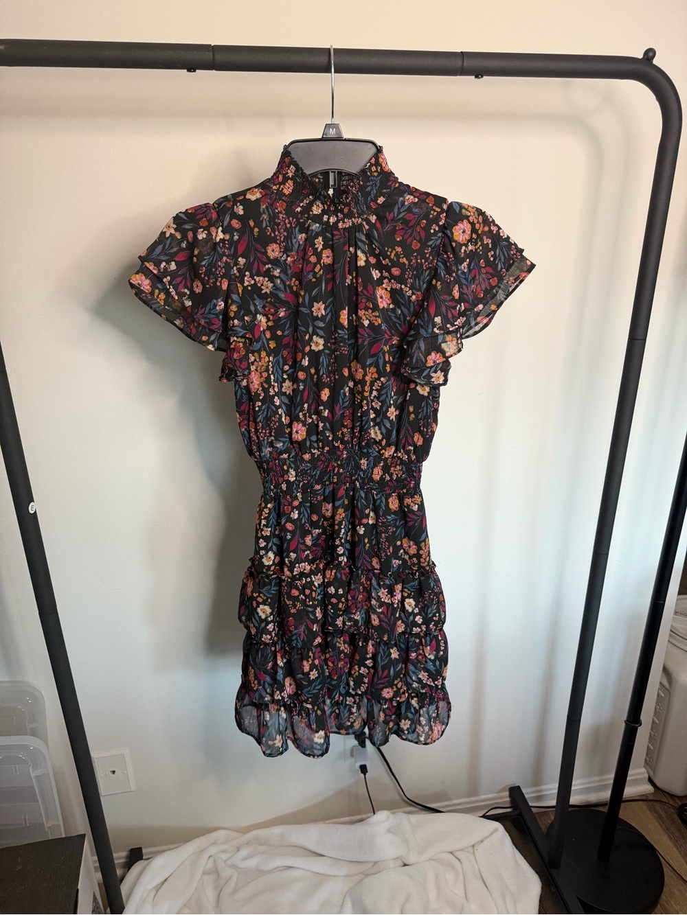 MSK Petite Size Small dress features a black floral print mock neck casual work